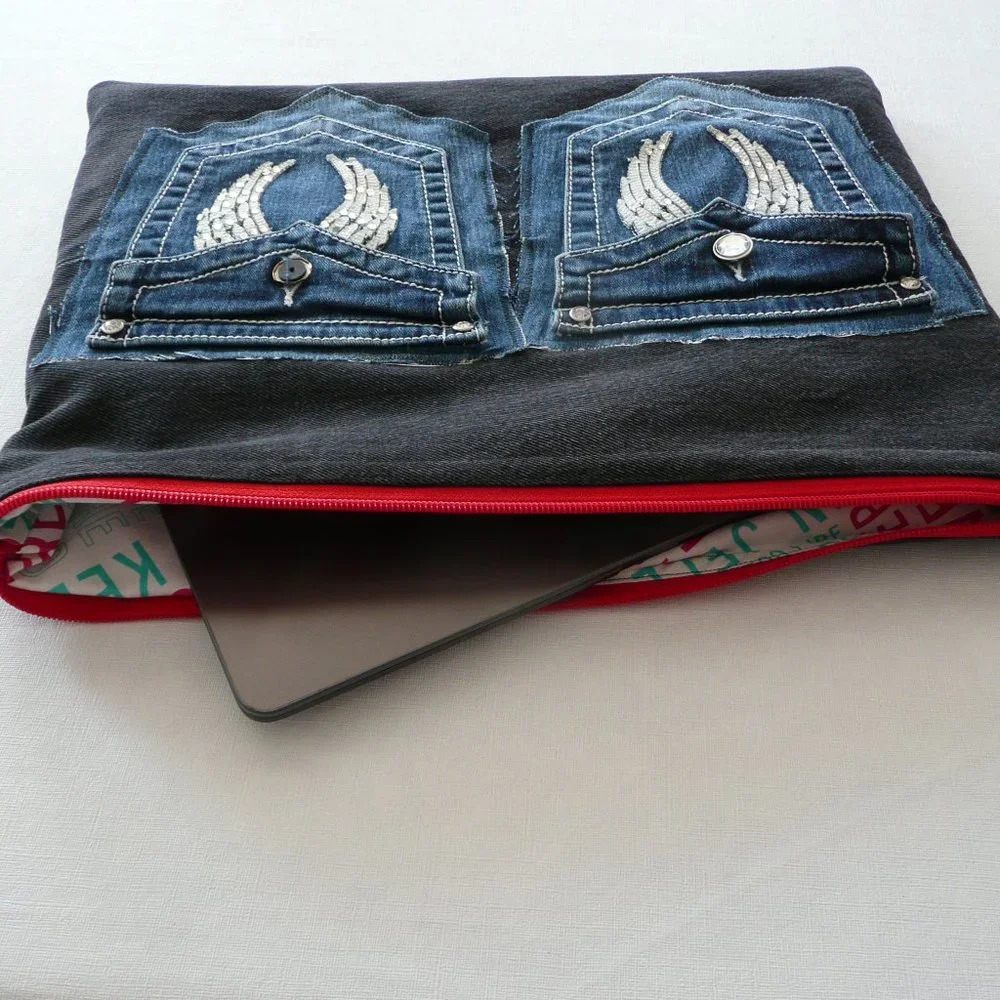 Handmade Denim Laptop Padded Cover Computer Sleeve Case With Pockets